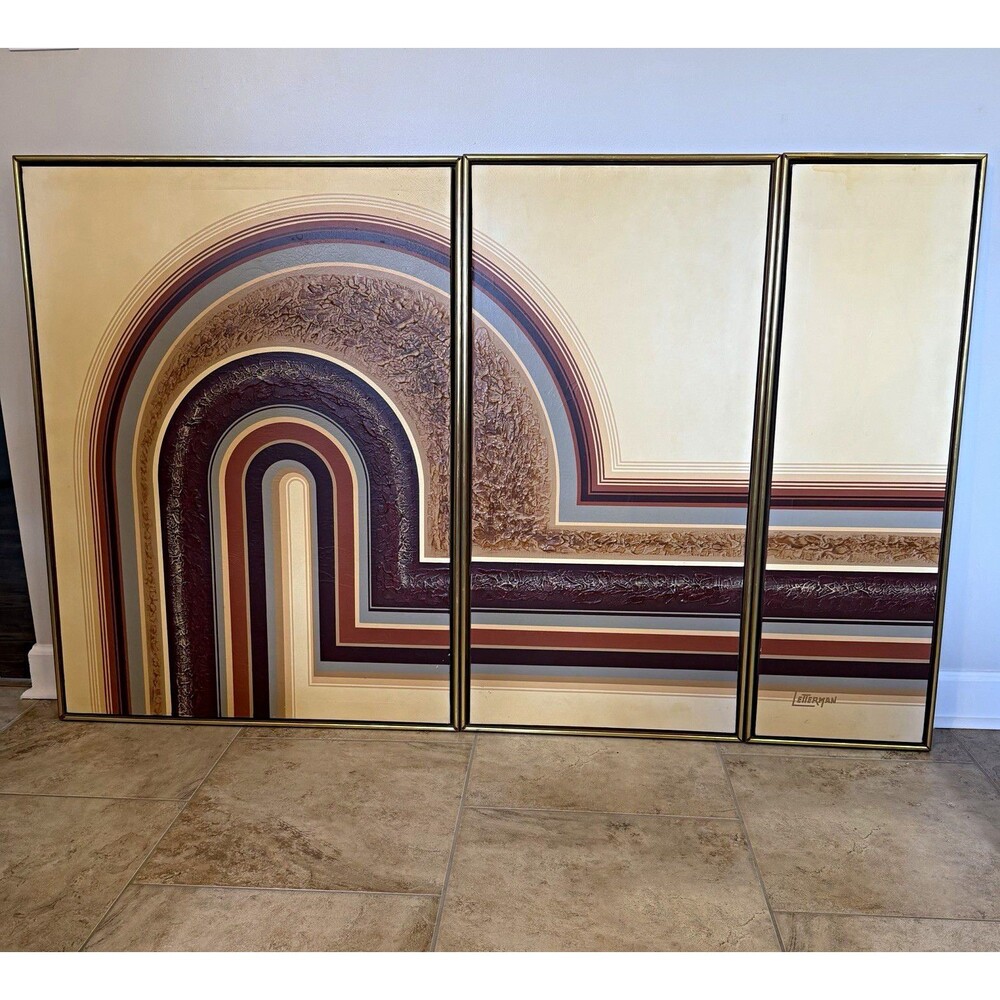 Large Vintage 1970s Letterman Triptych Painting - Geometric Rainbow Arches MCM 3